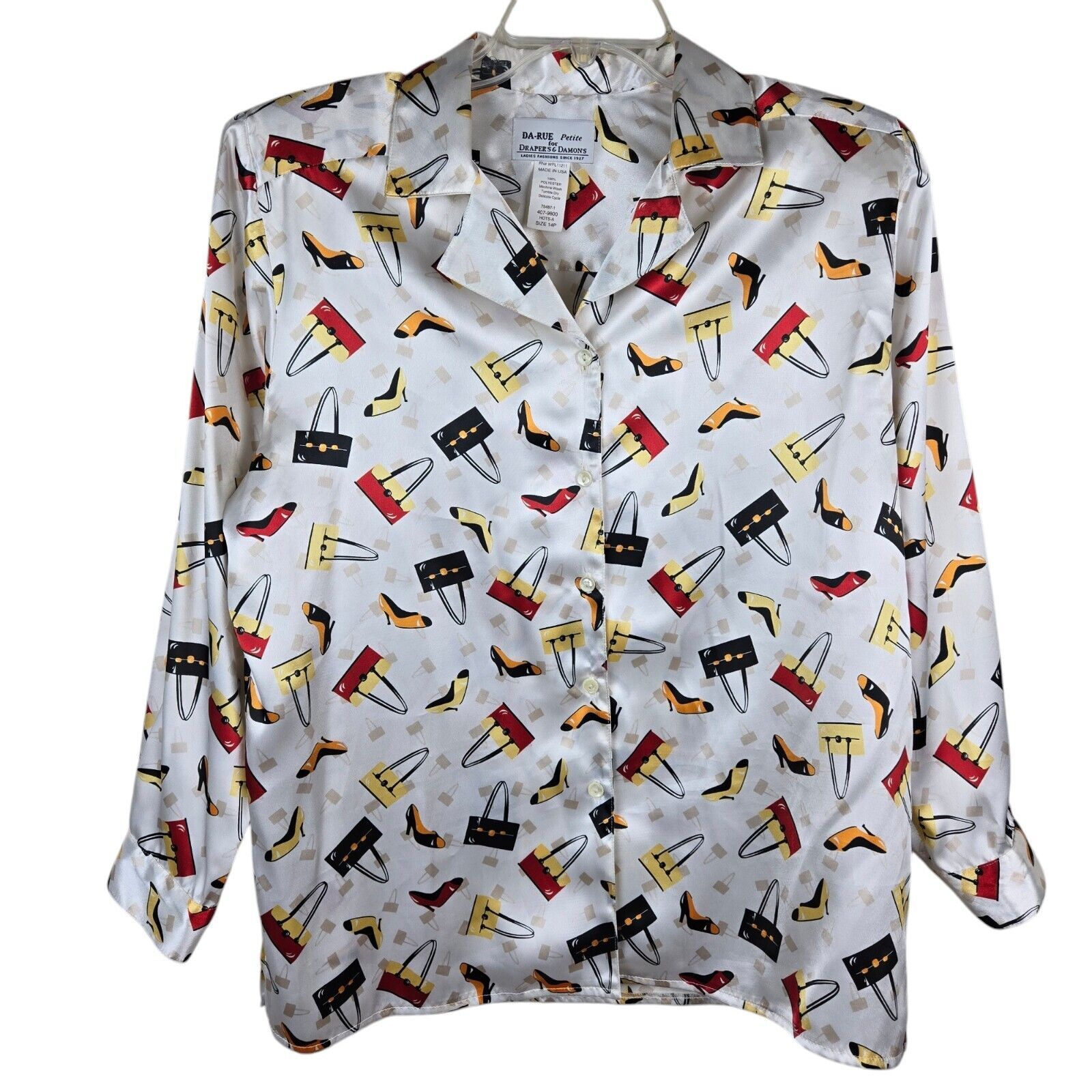 Vtg Da-Rue Draper's & Damon's Button Blouse Sz 14 P All Over Print Heels Purses